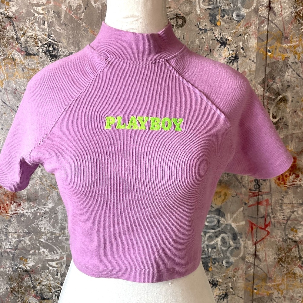 PLAYBOY Lilac Purple & Neon Ribbed Short Sleeve Cropped Top. Size 8